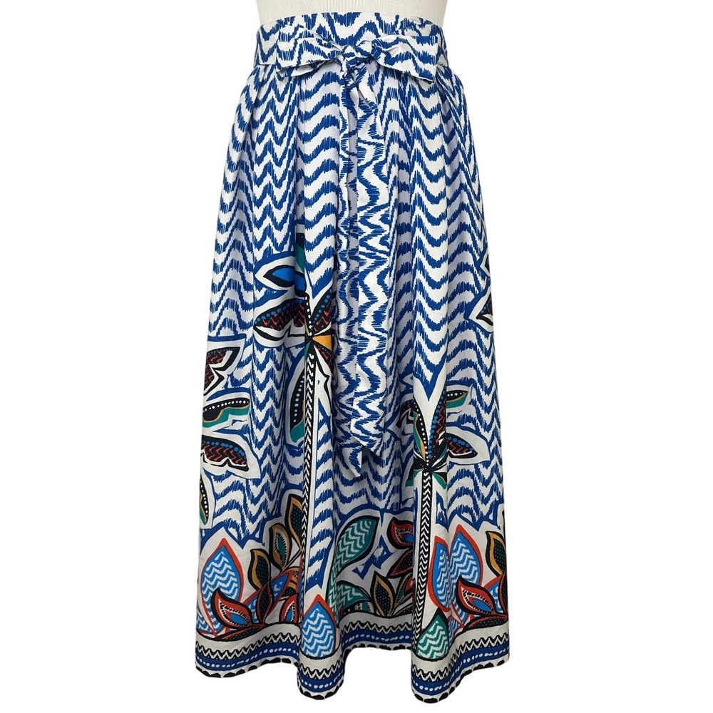 Her Destiny Blue White Tropical Geometric Boho Maxi Skirt Resort Festival Medium
